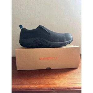 J099317W MERRELL MEN JUNGLE MOC LEATHER CONSTRUCTION SHOE, SIZE 14 WIDE, BLACK